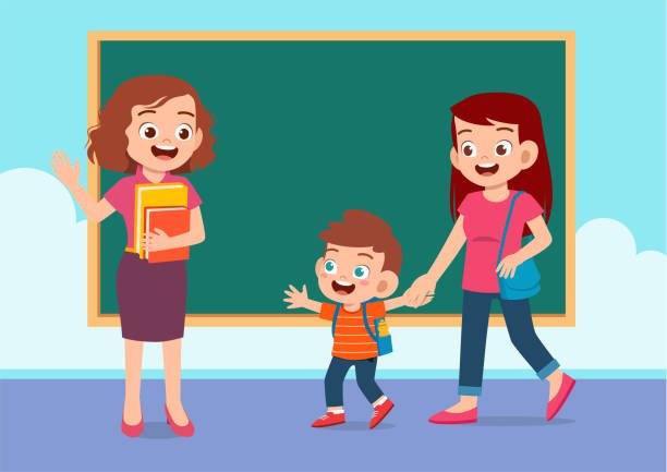 happy cute kid boy go to school with mom vector